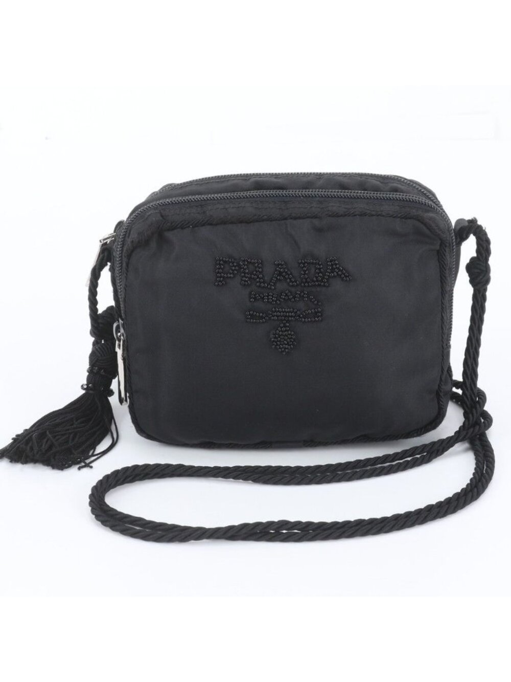 Prada White Tag with Tessuto Nylon Logo Beads Embroidery Shoulder Bag Crossbody